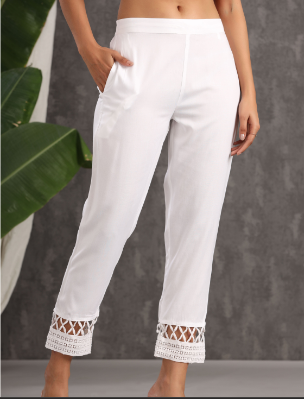 Women's White Rayon Solid Straight Pants