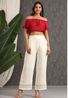 Women's Ivory Rayon Schiffli Flared Palazzo