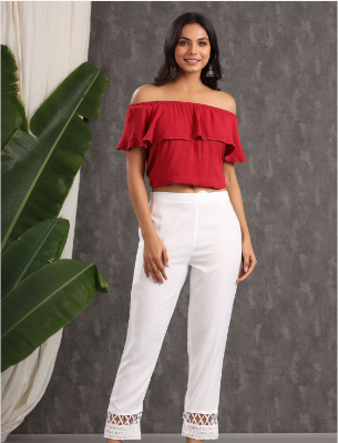 Women's White Rayon Solid Straight Pants