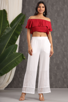 Women's White Rayon Schiffli Flared Palazzo