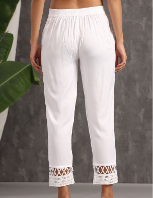 Women's White Rayon Solid Straight Pants