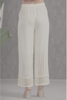 Women's Ivory Rayon Schiffli Flared Palazzo