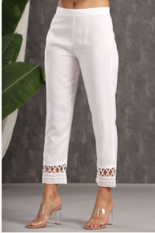 Women's White Rayon Solid Straight Pants