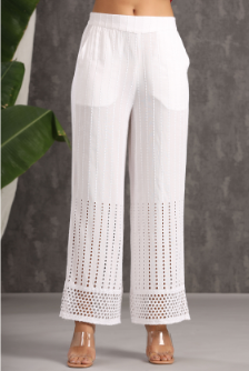 Women's White Rayon Schiffli Flared Palazzo