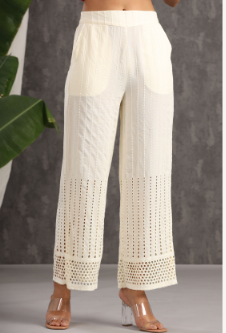 Women's Ivory Rayon Schiffli Flared Palazzo