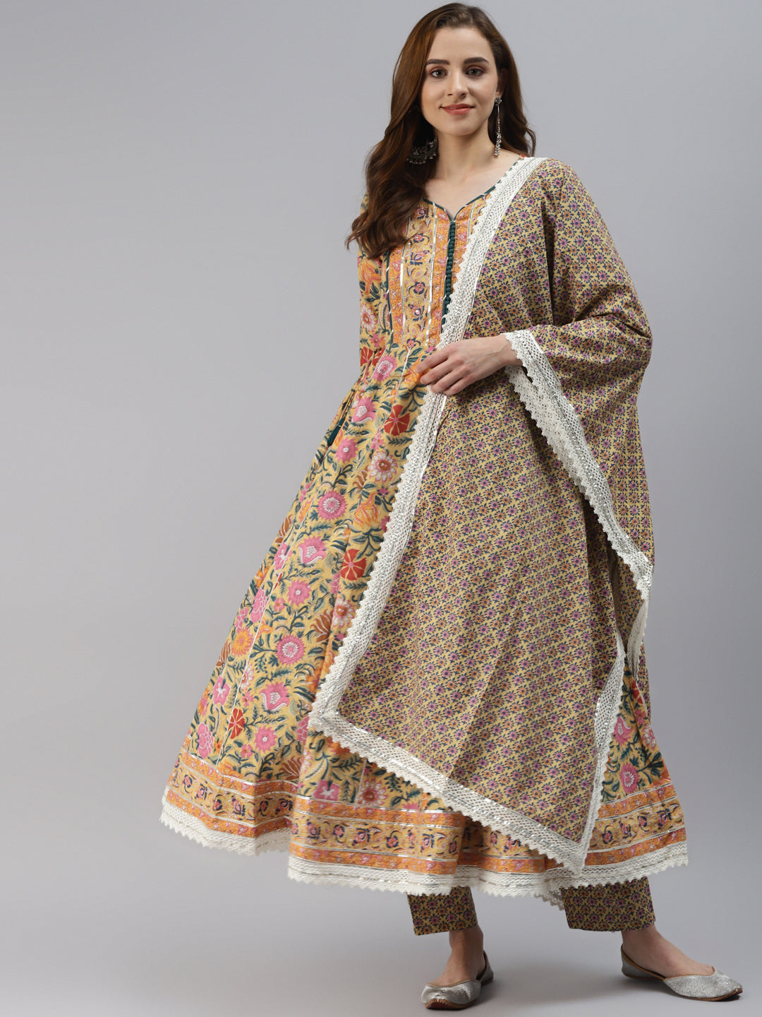 Women's Yellow Floral Anarkali Pant Set With Dupatta