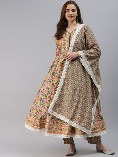 Women's Yellow Floral Anarkali Pant Set With Dupatta