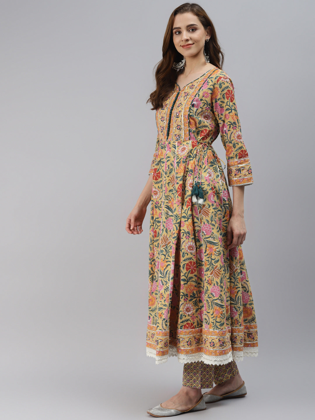 Women's Yellow Floral Anarkali Pant Set With Dupatta