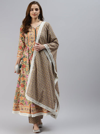 Women's Yellow Floral Anarkali Pant Set With Dupatta