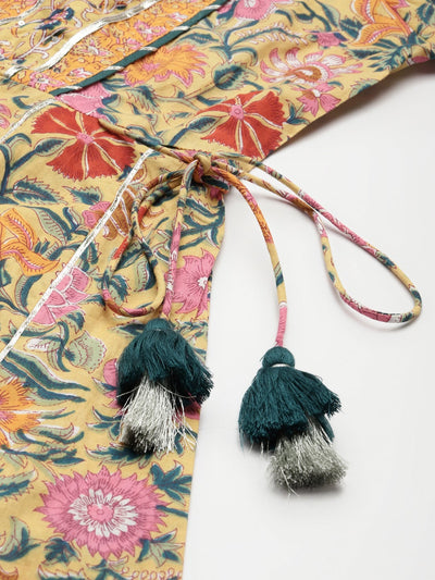 Women's Yellow Floral Anarkali Pant Set With Dupatta