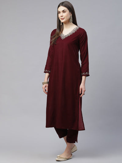 Women's Maroon Velvet Hand Work Kurta Pant With Net Dupatta Set