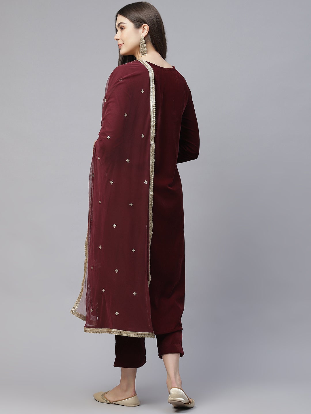 Women's Maroon Velvet Hand Work Kurta Pant With Net Dupatta Set