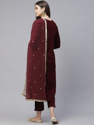 Women's Maroon Velvet Hand Work Kurta Pant With Net Dupatta Set