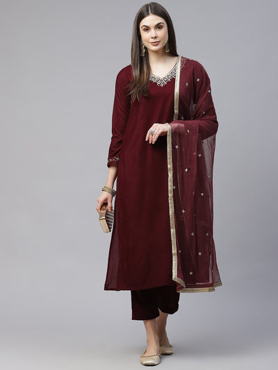 Women's Maroon Velvet Hand Work Kurta Pant With Net Dupatta Set