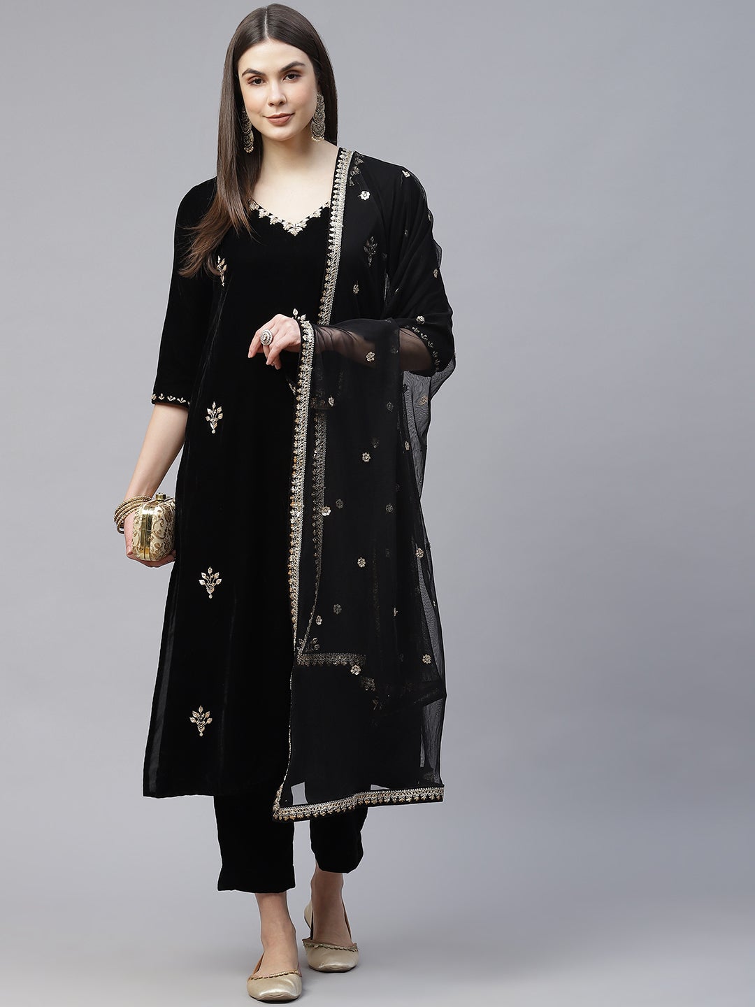 Women's Black Velvet Hand Work Kurta Pant With Net Dupatta Set