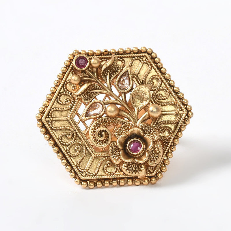 Women's Gold-Plated Stone Studded Adjustable Finger Ring