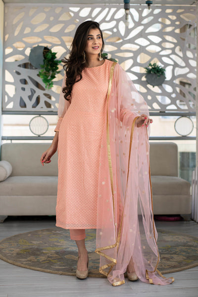Women's Peach Thread Work Kurta With Organza Sleeves (3pc Set)