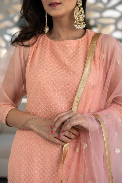 Women's Peach Thread Work Kurta With Organza Sleeves (3pc Set)
