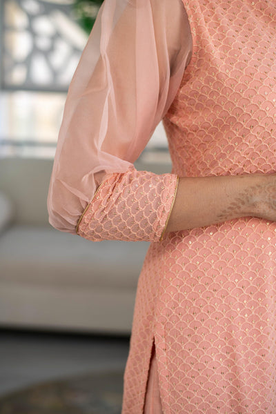 Women's Peach Thread Work Kurta With Organza Sleeves (3pc Set)