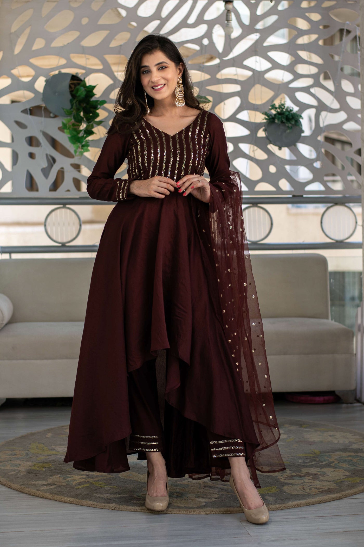 Women's Brown High Low Anarkali Set (3 Pc Set)