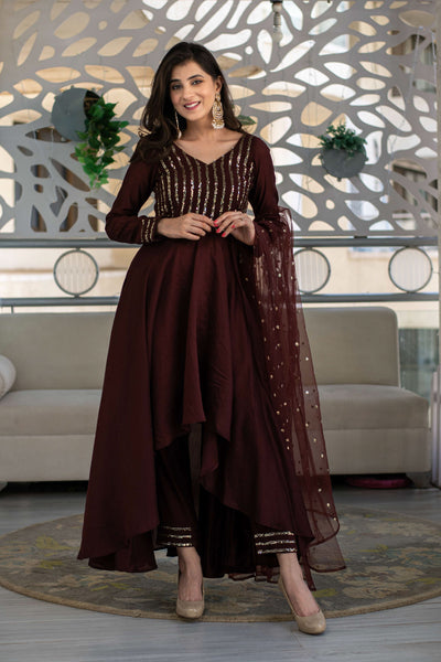 Women's Brown High Low Anarkali Set (3 Pc Set)