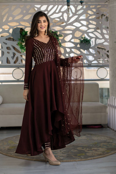 Women's Brown High Low Anarkali Set (3 Pc Set)