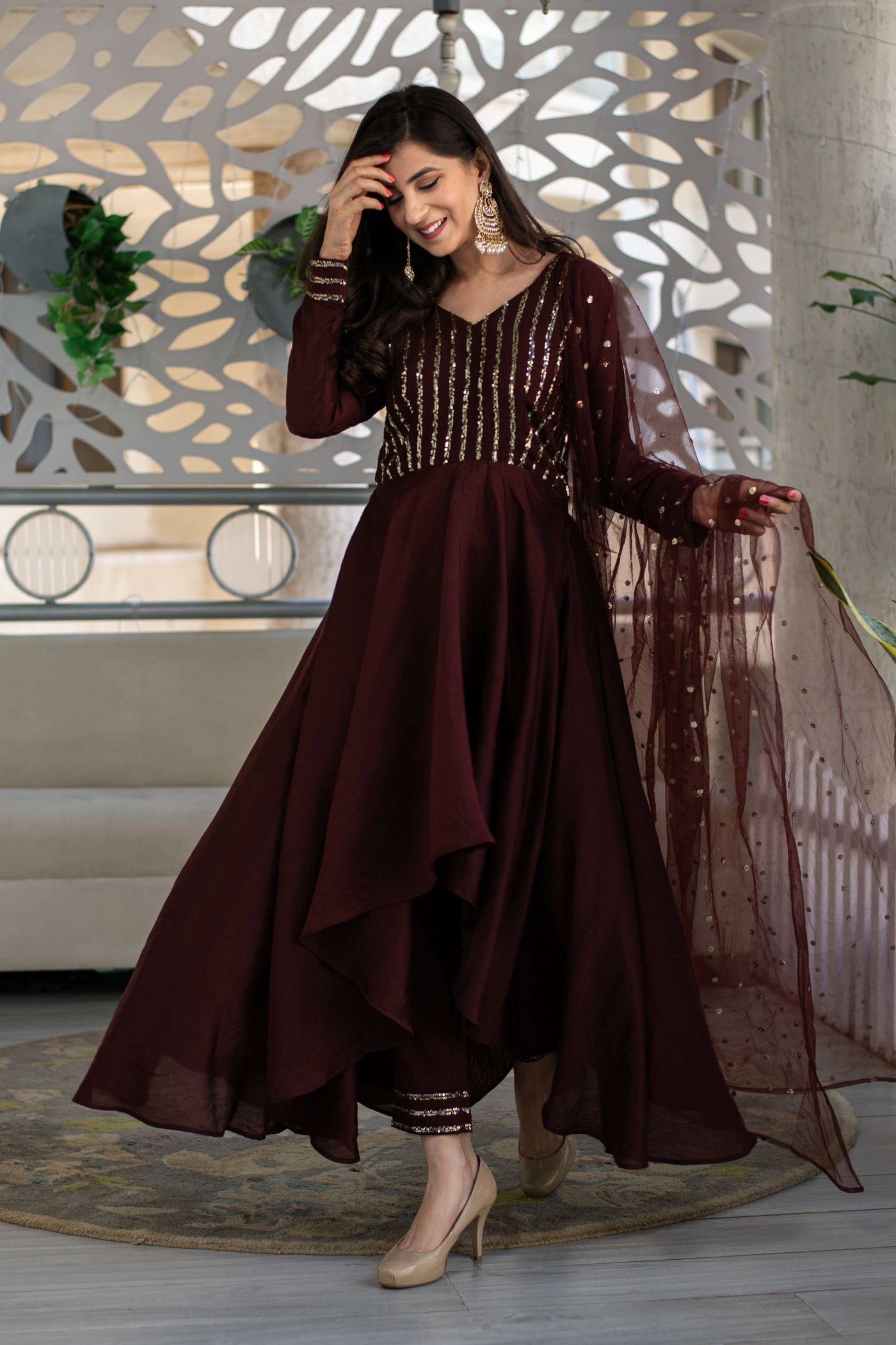 Women's Brown High Low Anarkali Set (3 Pc Set)