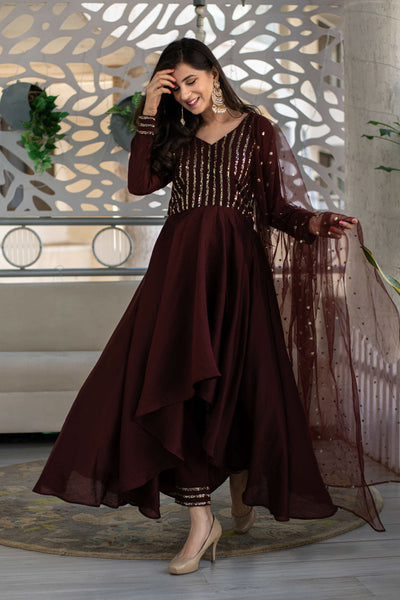 Women's Brown High Low Anarkali Set (3 Pc Set)