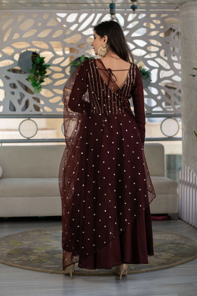 Women's Brown High Low Anarkali Set (3 Pc Set)