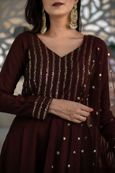 Women's Brown High Low Anarkali Set (3 Pc Set)