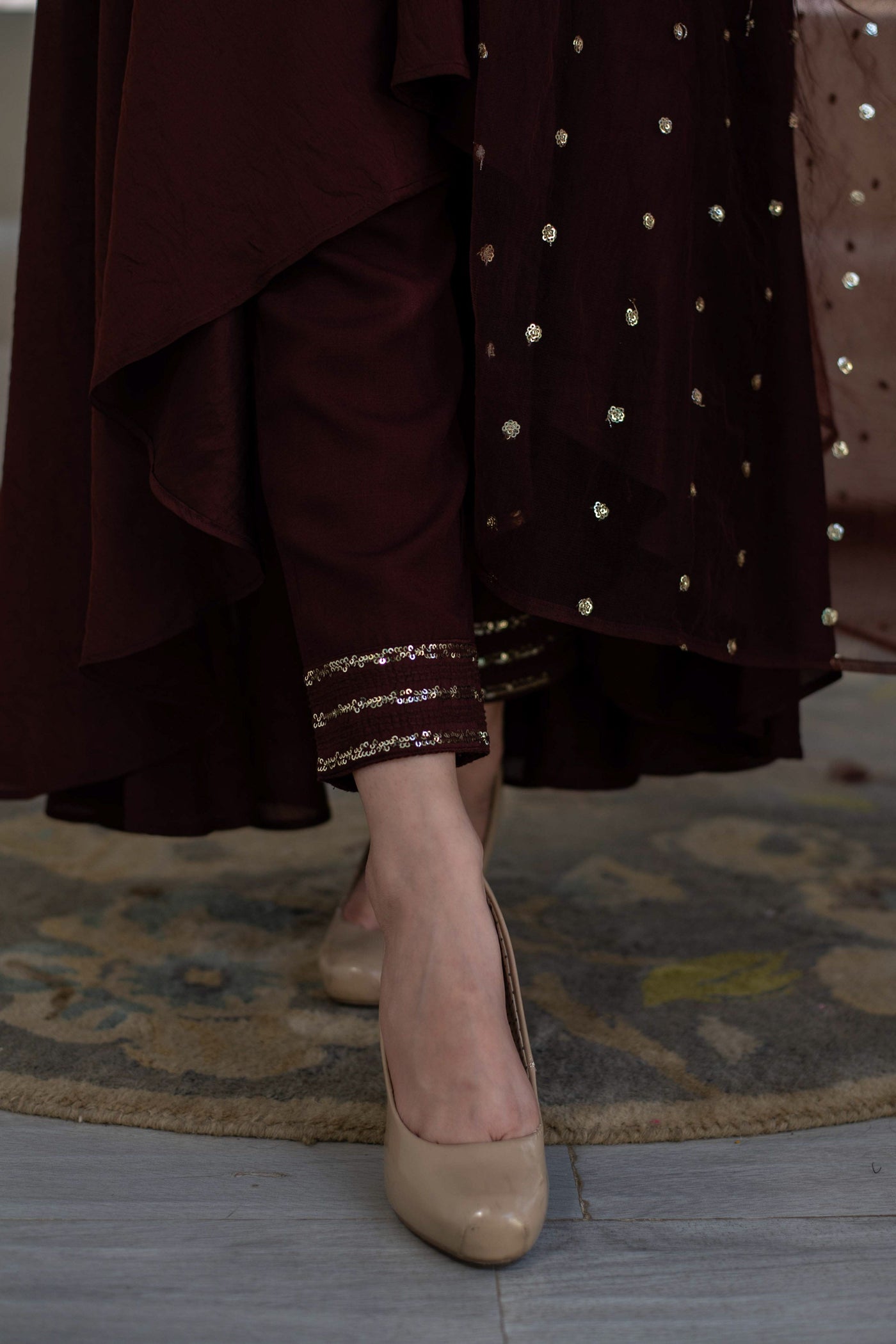 Women's Brown High Low Anarkali Set (3 Pc Set)