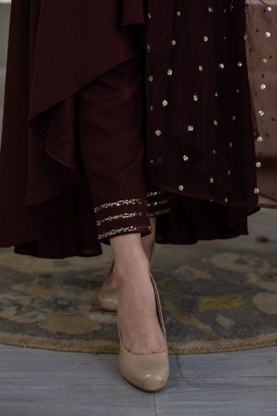 Women's Brown High Low Anarkali Set (3 Pc Set)