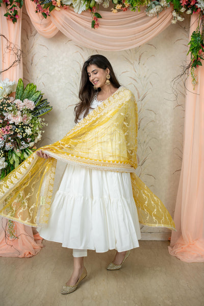 Women's White 3-Tiered Kurta With Dupatta