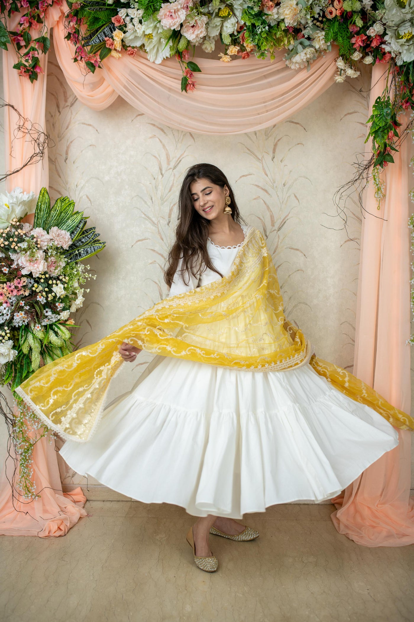 Women's White 3-Tiered Kurta With Dupatta