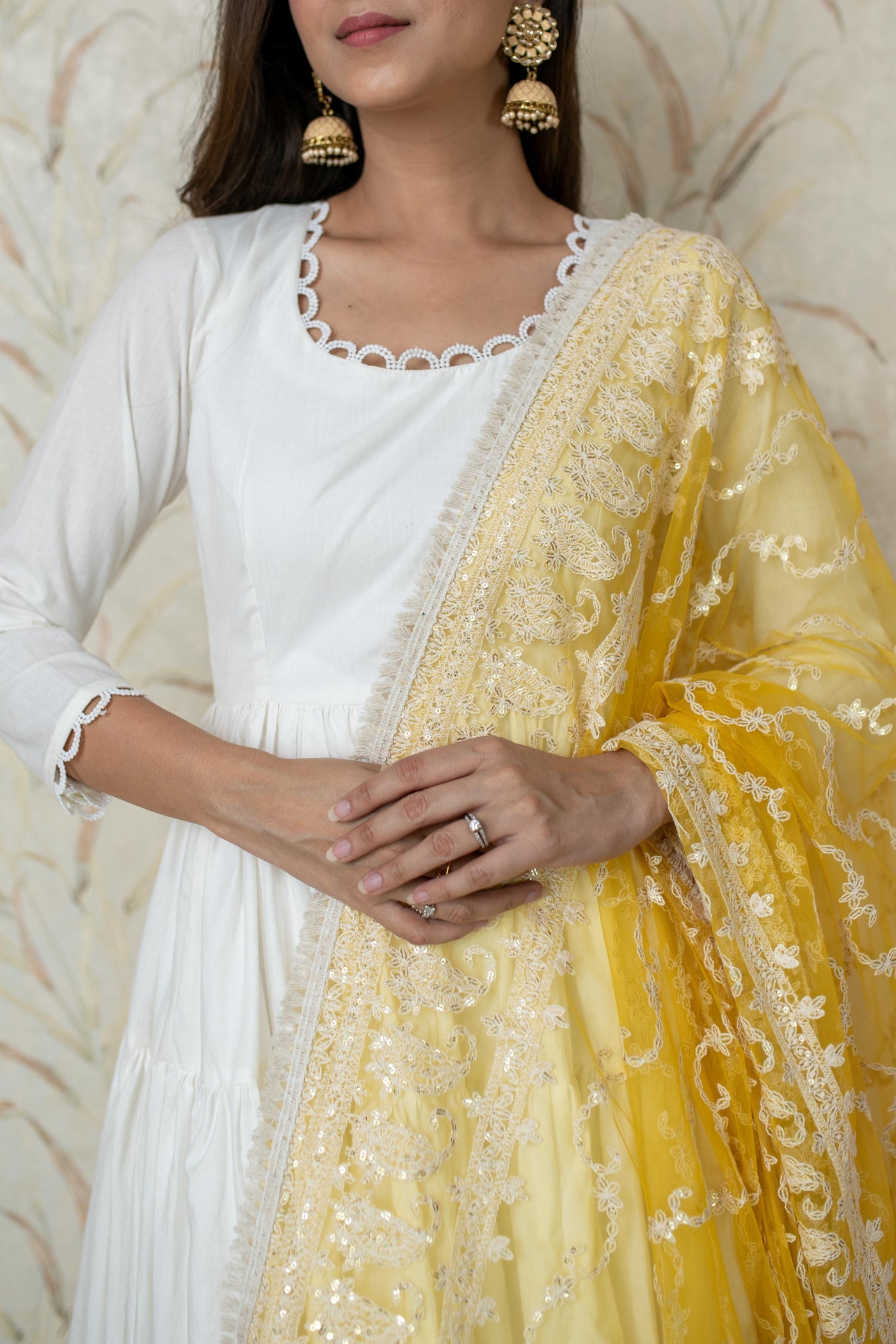 Women's White 3-Tiered Kurta With Dupatta