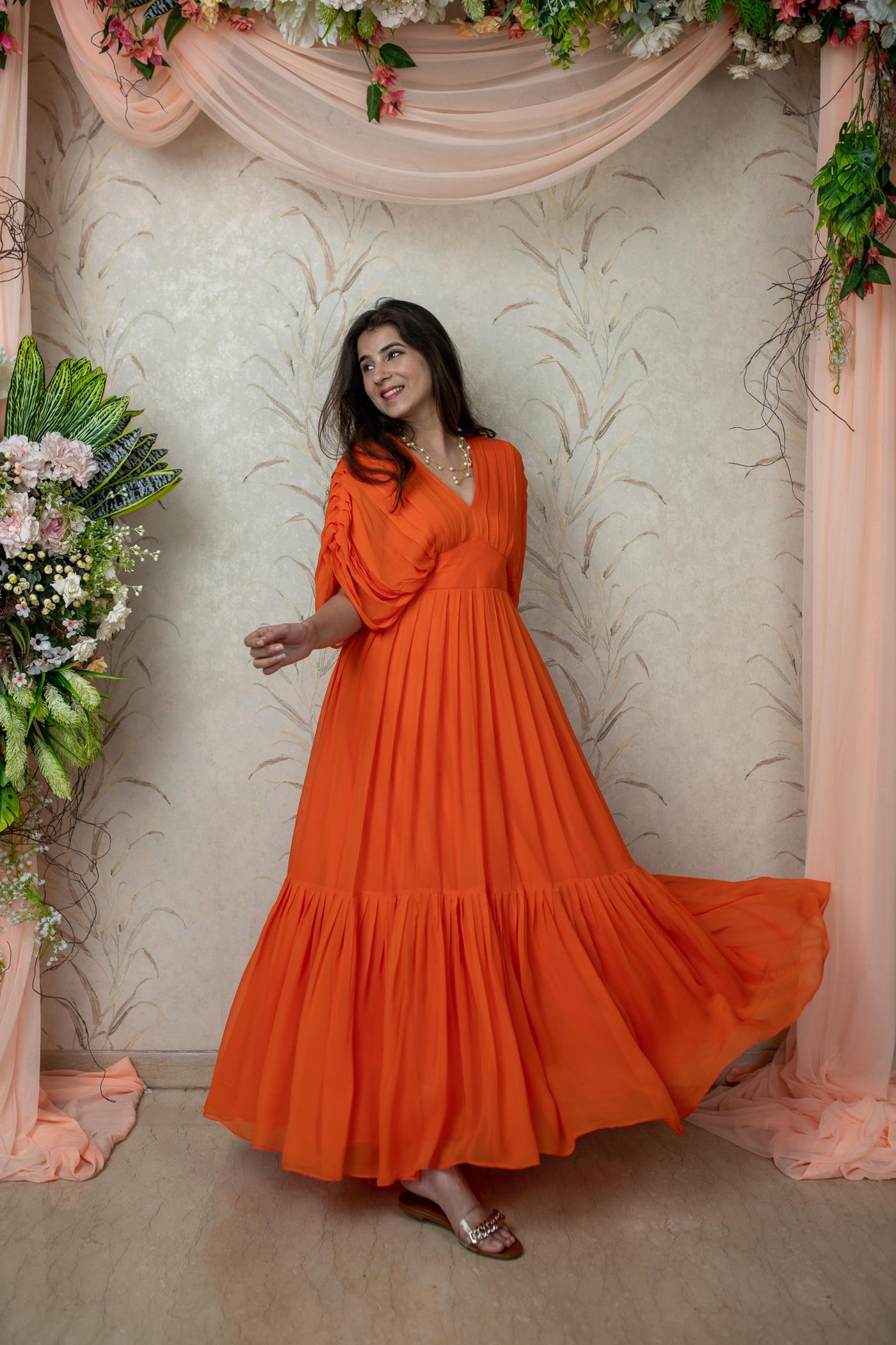 Women's Orange Pleated Gown