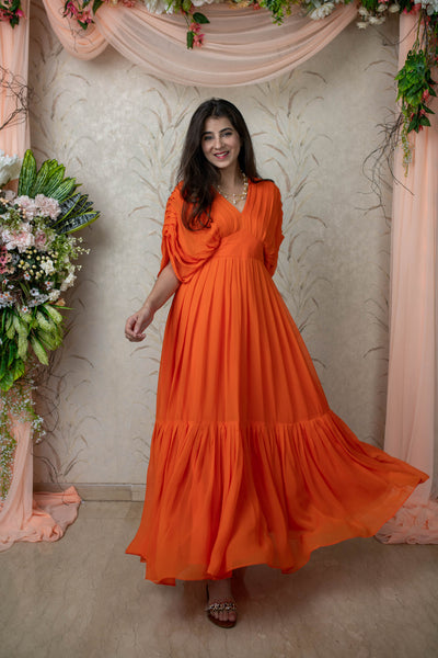 Women's Orange Pleated Gown