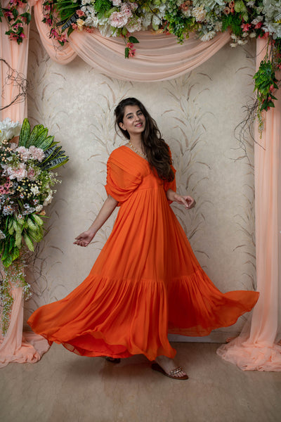 Women's Orange Pleated Gown