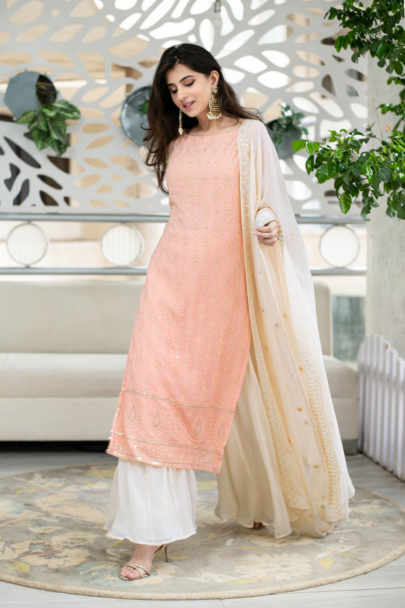 Women's Light Peach Lucknowi With Palazzo Set (3pcs Set)