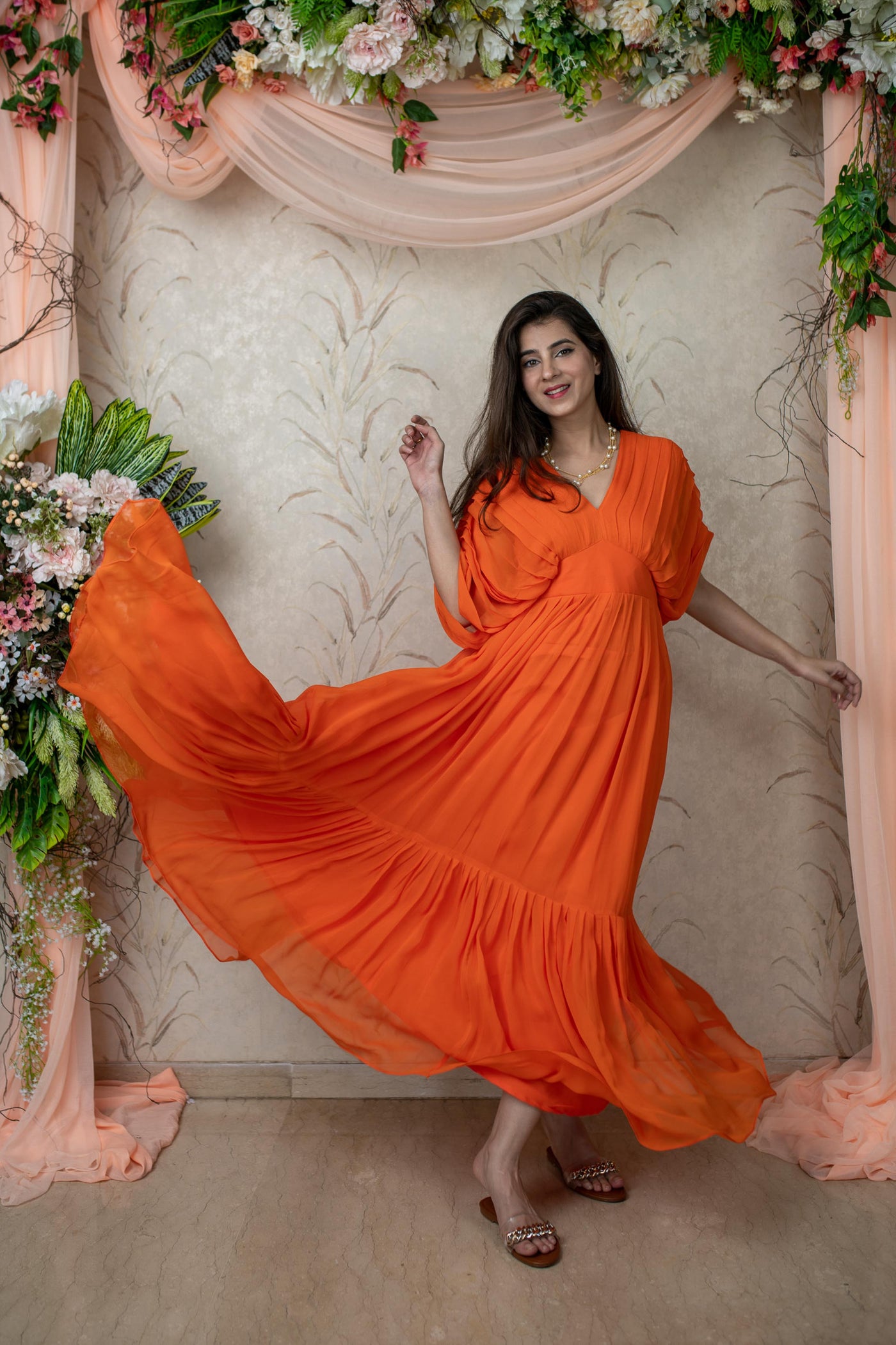 Women's Orange Pleated Gown