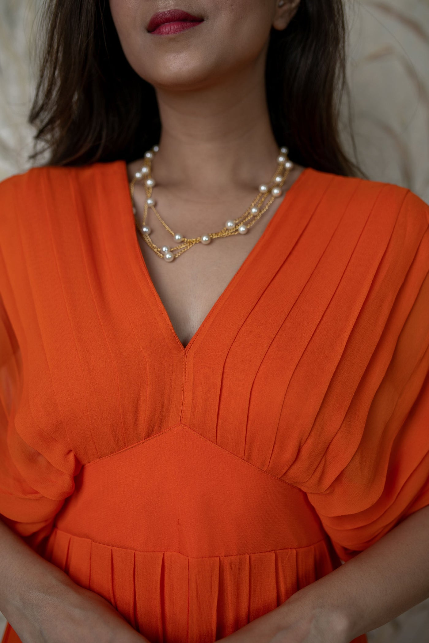 Women's Orange Pleated Gown