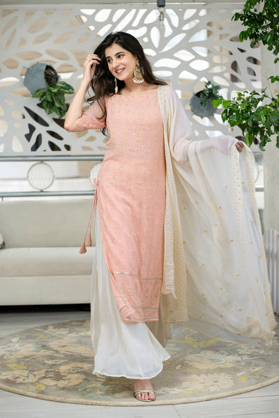 Women's Light Peach Lucknowi With Palazzo Set (3pcs Set)