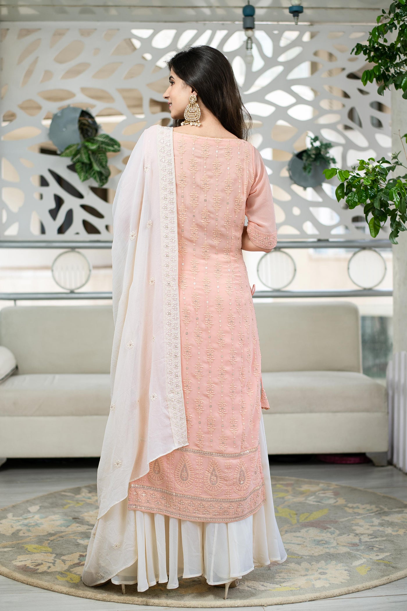 Women's Light Peach Lucknowi With Palazzo Set (3pcs Set)
