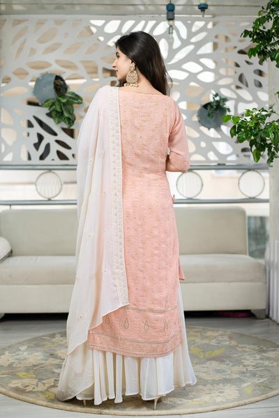 Women's Light Peach Lucknowi With Palazzo Set (3pcs Set)