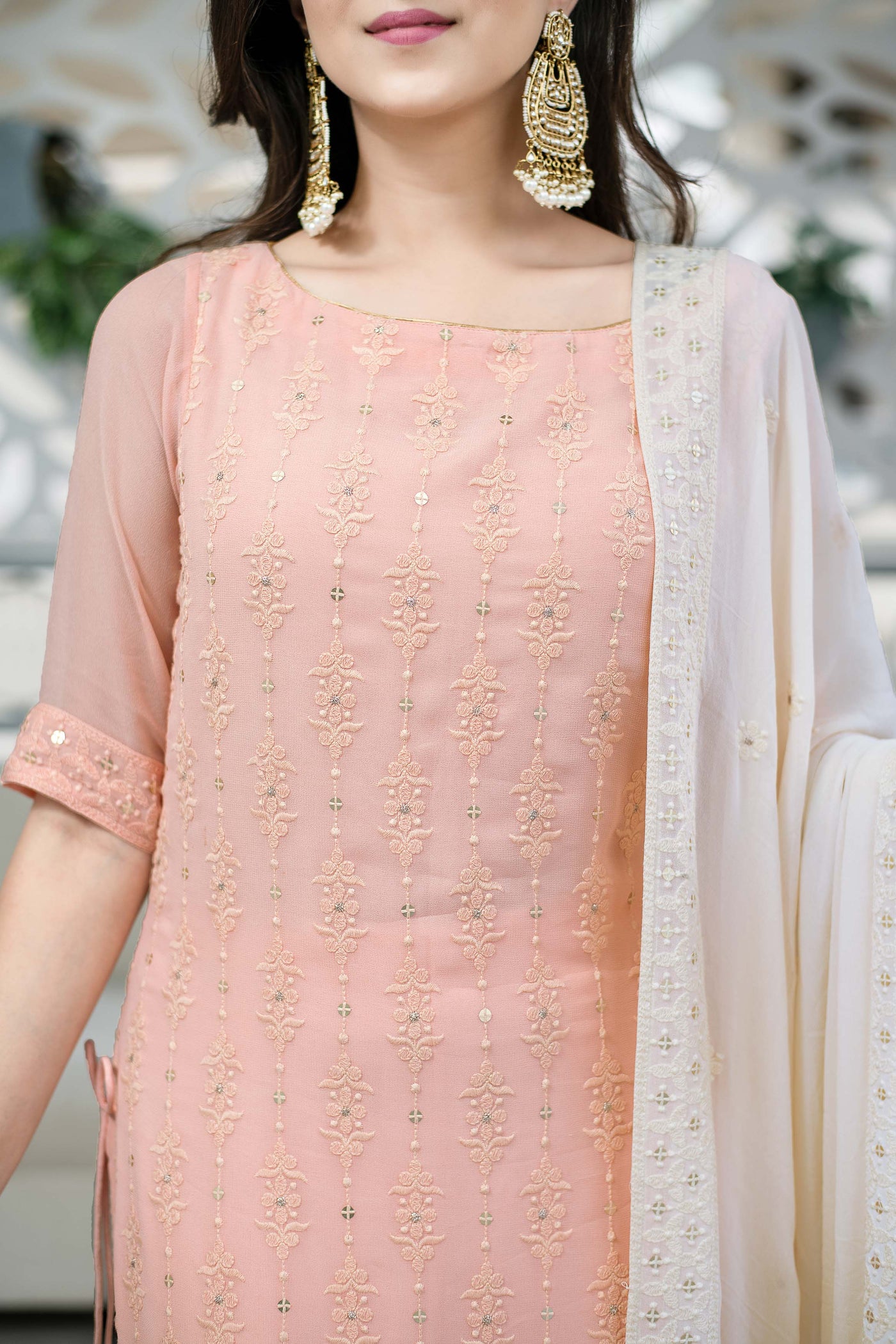 Women's Light Peach Lucknowi With Palazzo Set (3pcs Set)