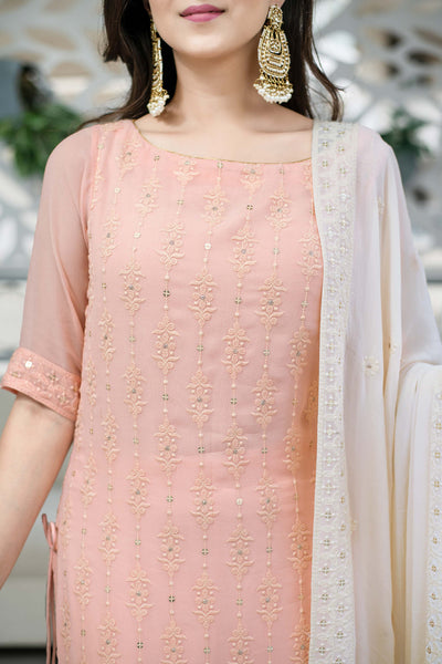 Women's Light Peach Lucknowi With Palazzo Set (3pcs Set)