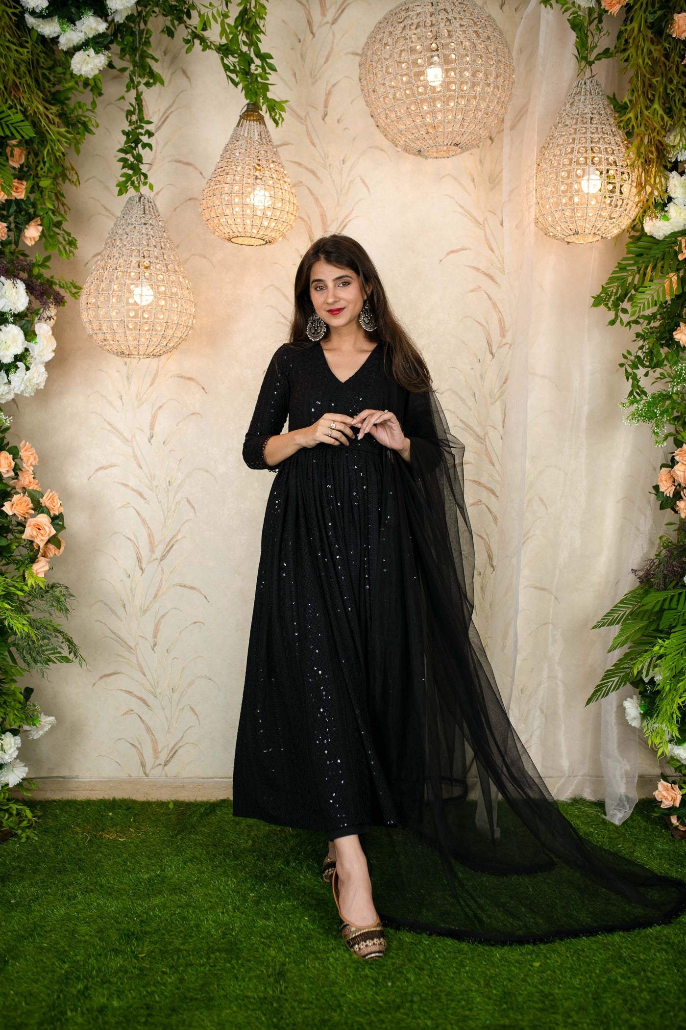 Women's Black Thread Work Anarkali Set