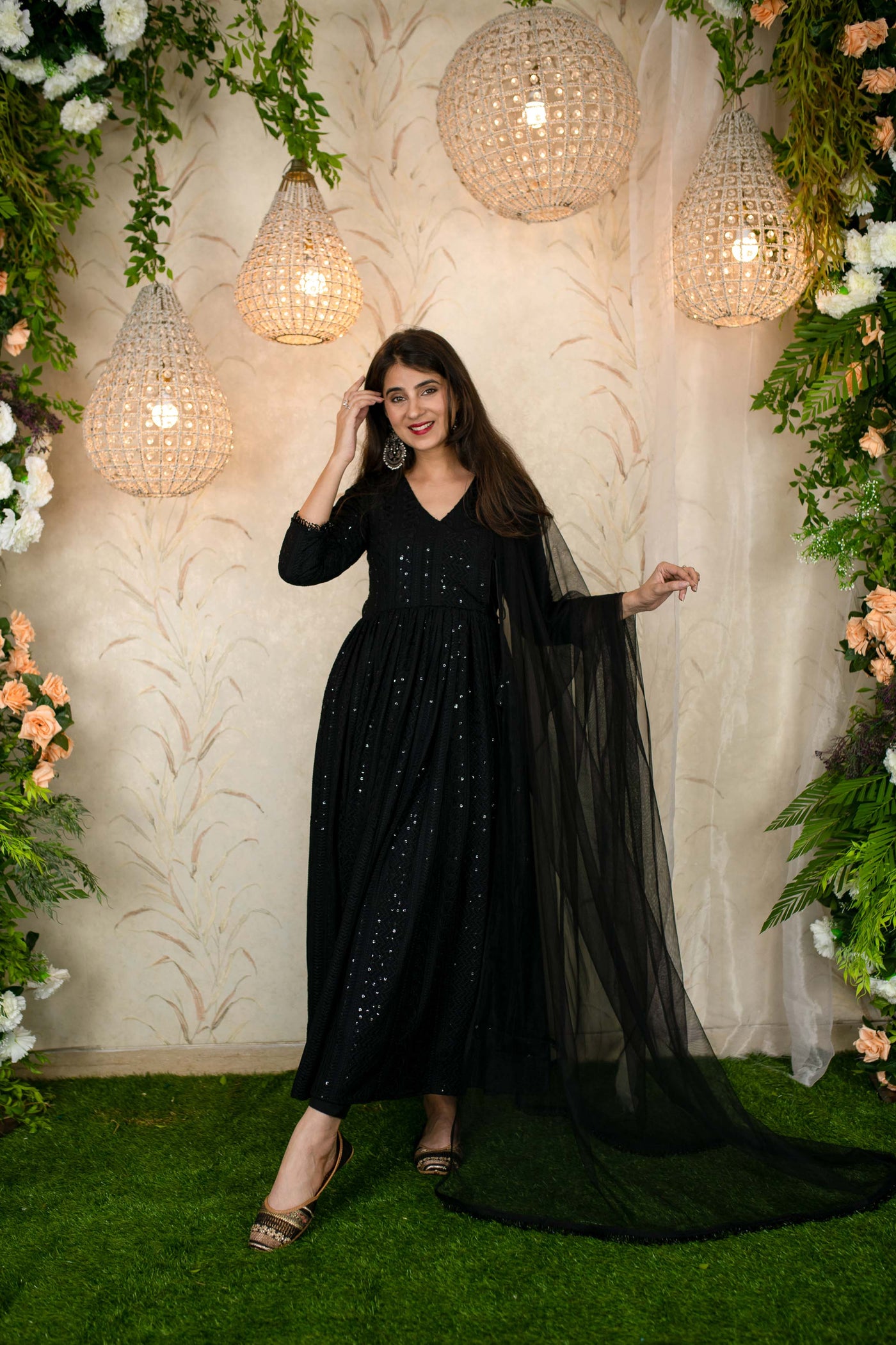 Women's Black Thread Work Anarkali Set