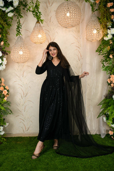 Women's Black Thread Work Anarkali Set