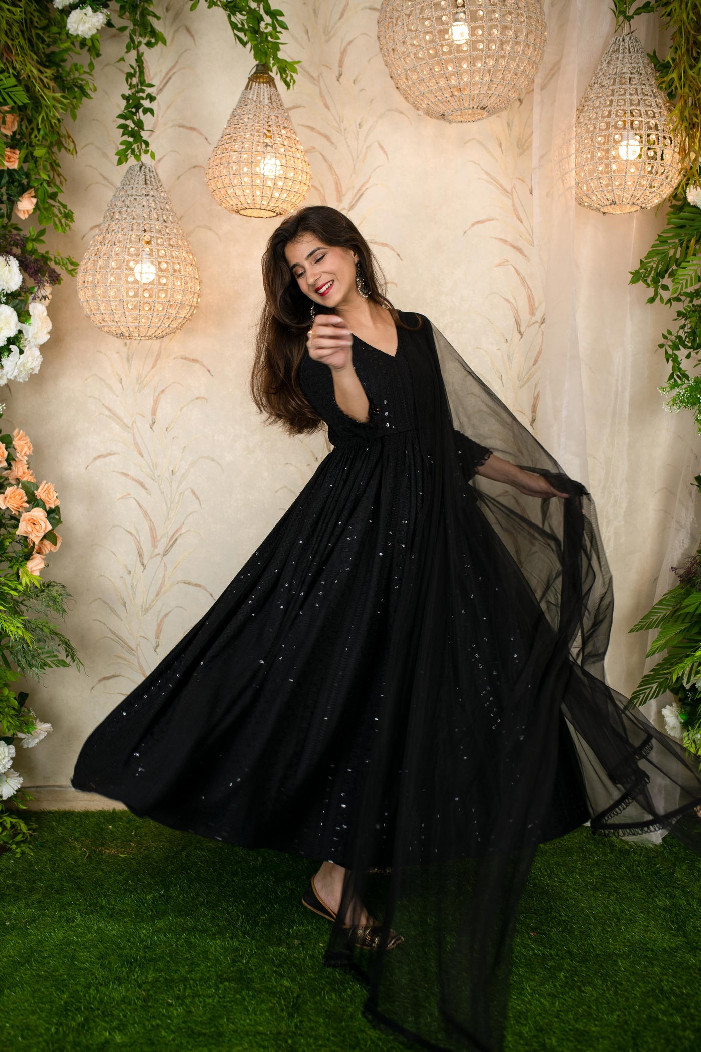 Women's Black Thread Work Anarkali Set